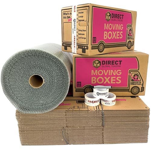 30 Large Strong Cardboard House Moving Packing Boxes Kit with 60 Metres Bubblewrap 3 Rolls Fragile Tape & Marker Pen