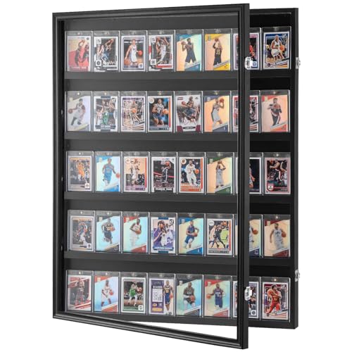 VEVOR 35 Graded Sports Card Display Case, 24.3x30.5x2.1 in, Baseball Football Basketball Hockey Trading Card Frame with 98% UV Protection Clear View PC Glass, Lockable Wall Cabinet