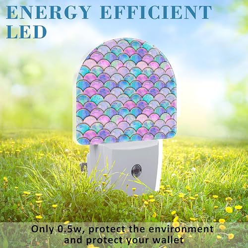Image of Night Light for Kids Girls Boys, Watercolor Mermaid Fish Scale Wave LED Night Light Plug into Wall with Dusk to Dawn Sensor for Room Decor, Hallway, Kitchen, Bathroom, Nursery, Stairs