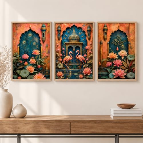 Image of Artify Set of 3 Lotus Palace Flamingo Wall Painting for Living Room Bedroom Hall Decor, Premium Wooden Synthetic Frame Artistic Gift