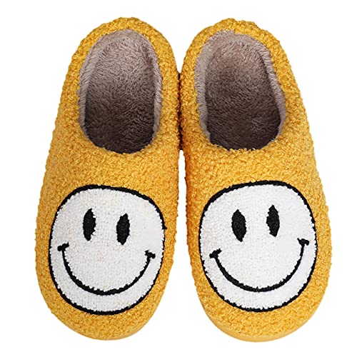Smiley Face Slipper Retro Soft Plush Comfy Memory Foam Warm Slip-on Slippers Comfy Faux Fur House Slipper Scuff Slip on Anti-Skid Sole Women Men Girls Boys (Yellow, L, numeric_8_point_5)