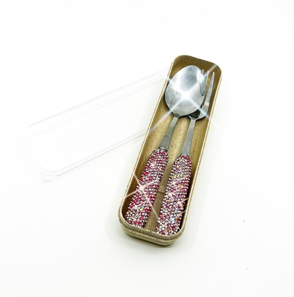 TISHAA Rhinestone Crystal Dazzling Culinary Utensils Travel Set 2PC Fork and Spoon with Case for Office, Lunch, Travel (Pink)