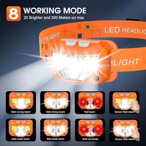 Image of LHKNL Headlamp Flashlight, Lumen Ultra-Light Bright LED Rechargeable Headlight with White Red Light,2-Pack Waterproof Motion Sensor Head Lamp,8 Mode for Outdoor Camping Running Fishing- Orange