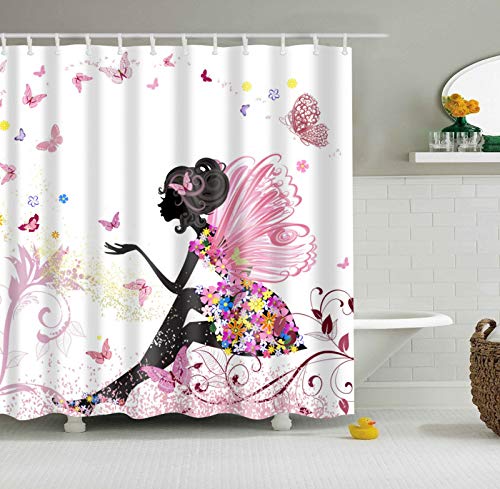 StoneMaxi 180x180cm Bathroom Shower Curtain, 100% Polyester Fabric Waterproof Anti-Mould Proof Mildew Resistant, Washable, Quick-Drying, with 12 Pcs Hooks (72 x 72 Inch) (Butterfly Girl)