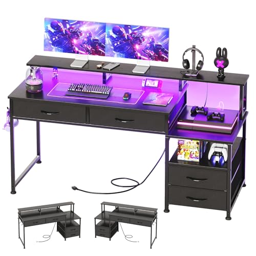 Image of MUTUN 53 inch Computer Desk with 4 Drawers & Power Outlets, Reversible Home Office Desk with Monitor Stand & Printer Stand, Gaming Desk with Led Lights, Study Writing Work Desk Table for Bedroom (Black)