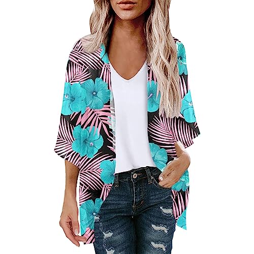 oelaio Women's 3/4 Sleeve Cardigan 2023,Womens Summer Tops Ruffles Long Sleeve Casual Blouses Trendy Bohemia Graphic Blue