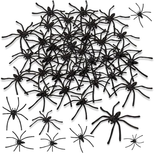 Ezranova 50pcs Black Plastic Fake Spiders for Halloween Decorations