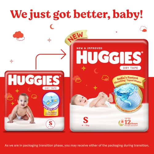 Image of Huggies Dry Tape | Adjustable Tape Style Baby Diapers, Small (S) Size (4-8 Kgs), Pack of 34 | Up To 2X Faster Absorption, Up To 12 Hours Overnight Absorption