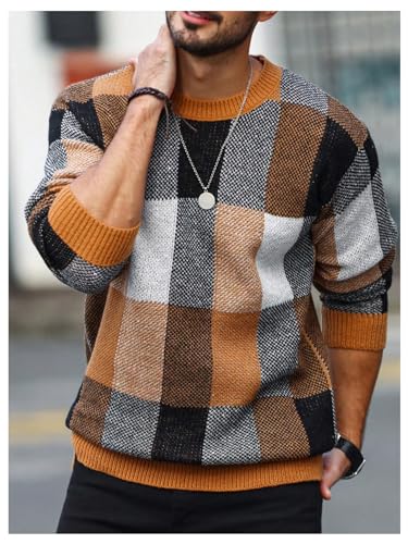 Floerns Men's Plaid Print Knitted Long Sleeve Pullovers Crewneck Sweater Top4