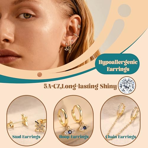 IRONBOX 12Pairs 14K Gold Plated Huggie Hoop Studs Earrings Set for Women Small Dainty Minimalist Chain Earrings Cartilage CZ Ball Earring Sets for Multiple Piercing2