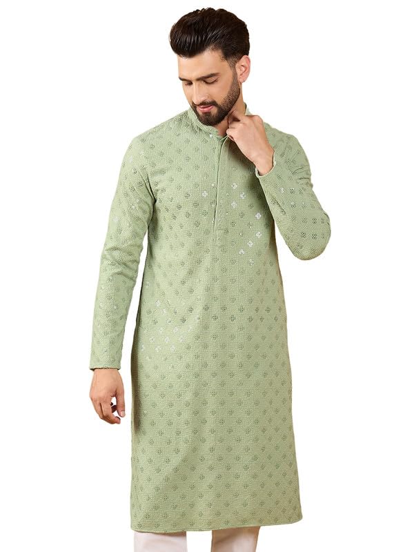 Image of Men's Solid Embroidered Long Straight Kurta | Men's Kurta | Embroidered Chikankari Kurta for Men | Straight Fit Kurta for Men