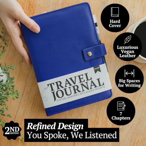 Image of Travel Journal with Prompts (Hardcover) 2nd Edition - Vegan Leather Adventure Essential - 2-Page-A-Day Travel Journal (40 Days) for Women Men Nonbinary - A5 Daily Diary & Traveler Notebook - Gift - Present - Royal Blue