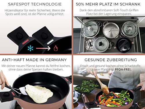 TRAUMLEBEN® Bratpfanne 28 cm mit Deckel, abnehmbaren Griffen & Hitzeindikatoren | PFOA-frei & für Induktion geeignet | Beschichtete Pfanne mit hohem Rand zum Braten, Schmoren, Garen & Genießen – Bild 4