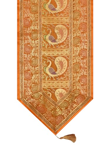 Image of Banarasi Brocade Zari Silk Table Runner Dinning & Centre Table Runner 177 By 30 CM (Mustard Yellow, Peacock)