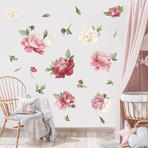 wondever Peony Flower Wall Stickers Watercolor Floral Peel and Stick Wall Art Decals for Girls Bedroom Living Room TV Background