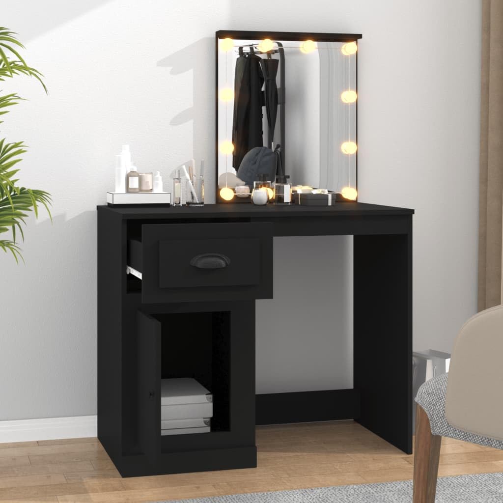 Toaletka czarna z oświetleniem LED, 90 x 50 x 132,5 cm, nowoczesne wzornictwo, duże lustro, dużo miejsca do przechowywania makijażu, materiał drewnopochodny, podświetlana toaletka do sypialni
