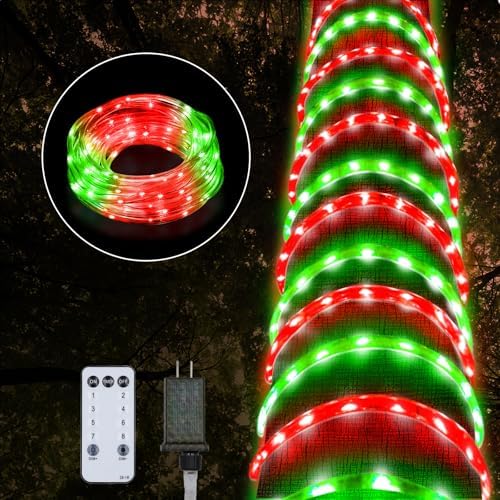 Christmas Rope Lights Outdoor, 100Ft 1200 LED Red and Green String Lights, Waterproof Tube Light Plug in 8 Modes Timer Memory, Permanent Christmas Lights for Tree Fence Yard House Decorations