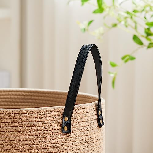 Image of VIPOSCO 100L Tall Woven Rope Laundry Hamper, Leather Handles, Brown & Black | Large Wicker Laundry Basket for Dirty Clothes, Blanket, Toy, Towel, Yoga Mat, Storage Bin in Bedroom, Bathroom, Living Room