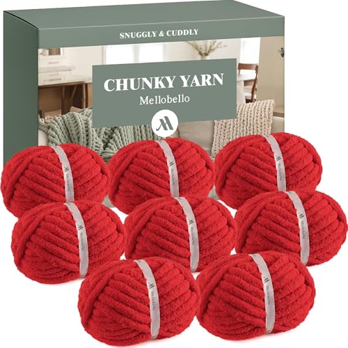 Jumbo Chunky Yarn for Hand Knitting - Super Thick Chenille Chunky Yarn for Crocheting - Extra Soft Bulky Fluffy Blanket Big Yarns 8 Jumbo Pack (26yds 8 oz Each Skein) Red