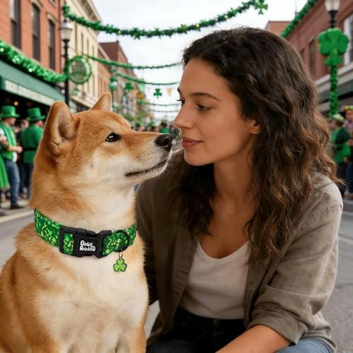 Image of St Patrick's Green Letter Trefoil Dog Collar for Small Dogs | Daily Walks,Irish Parade,Spring Picnic Hiking,Adjustable,Cotton Fabric,Quick Release Plastic Buckle,Pendant,Female /Male Dog