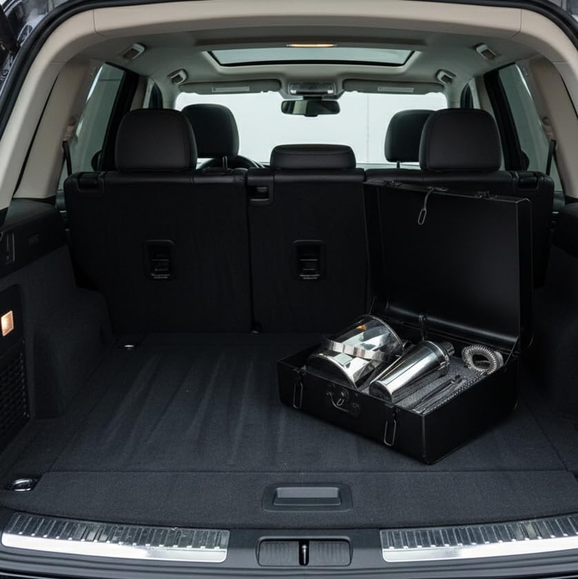 Image of Car-O-Bar Silver Bar Set Trunk | Bar Set for Home - Bartender Kit :Cocktail Shaker, Bar Spoon, Jigger, Muddler, Strainer, Wine & Beer Bottle Opener, Ice Bucket with Tong, Bar Trunk