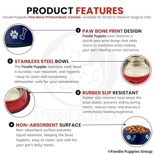 Image of Foodie Puppies Stainless Steel Dog Bowl Combo - (Medium, 700ml) Food and Water Feeding Gift Bowl | Suitable for Dogs, Cats and Other Pets I Paw Bone Print, Anti-Skid Rubber Base (Red + Blue)