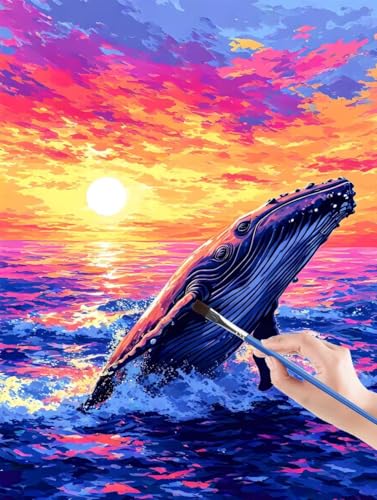 GUERUUIE Mer Peinture Numero Adulte, Peinture Numero Enfant Kit de Peinture à l'huile sur Toile Bricolage pour Enfant Baleine, Paint by Numbers avec Peintures et Pinceaux Sans Cadre 60 x 80 cm P3-S