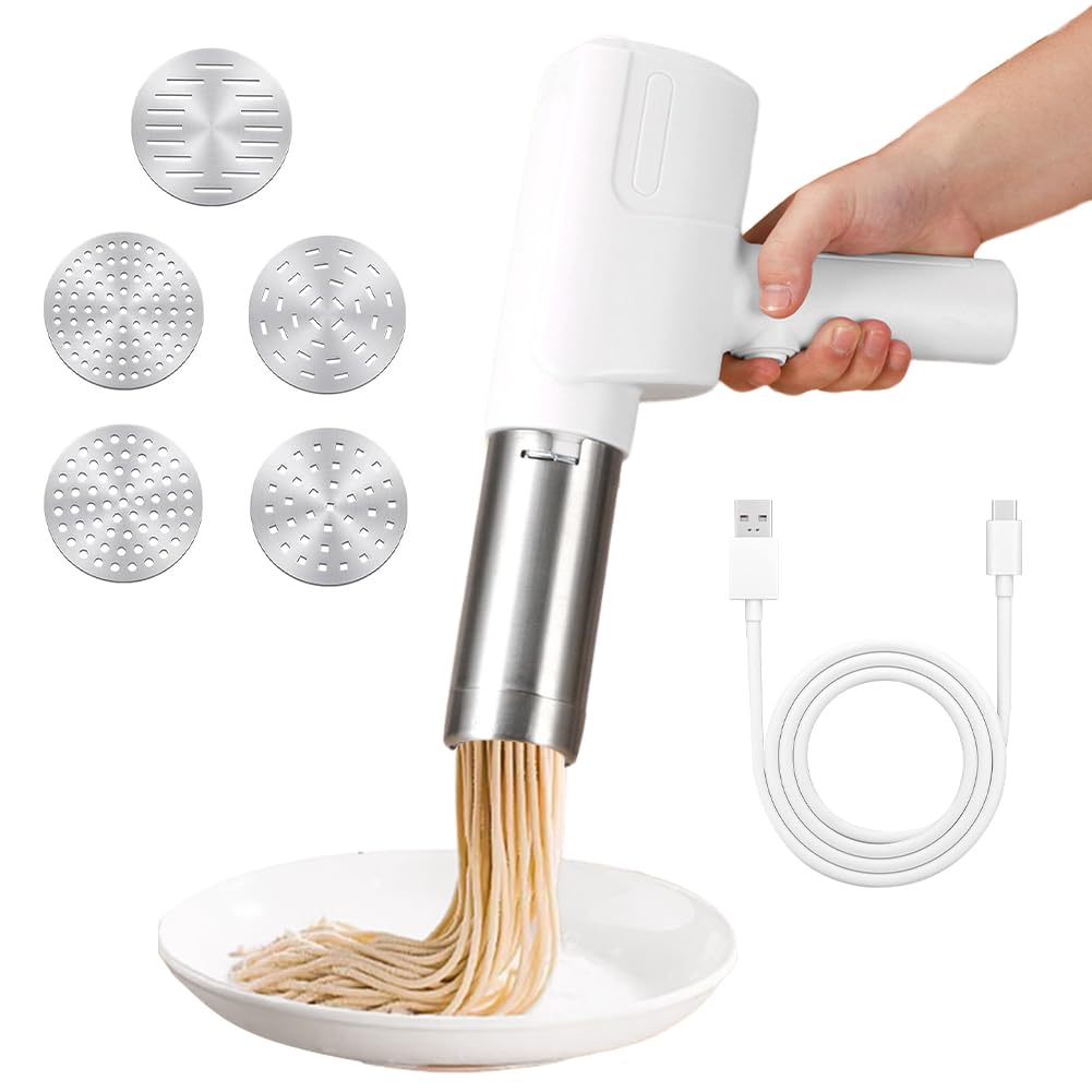 Machine à pâtes électrique portable manuelle, presse électrique portable de 2000 mAh, machine à pâtes automatique rechargeable avec 5 moules de presse pour nouilles faites maison/spaghetti/macaronis