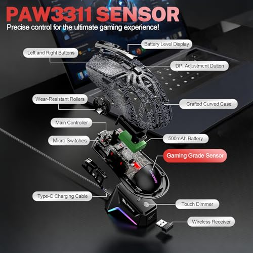 Image of RGB Magnetic Charging Dock Gaming Mouse, 12K DPI, PAW3311 Sensor, Tri-Mode Wireless, 6 Programmable Buttons, Ultra-Light 72g for PC /Mac (Black)