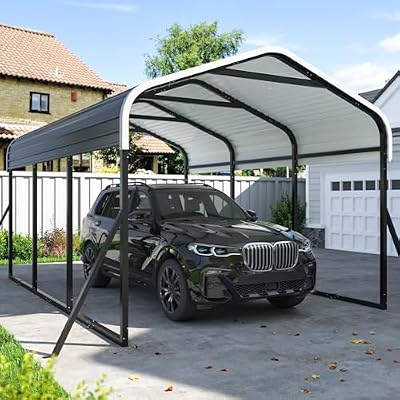 DAUSOLA 10x15 FT Metal Carport, Heavy Duty Carports Canopy with Updated Enhanced Base and Roof for All-Weather Use, Outdoor Galvanized Car Shelter, Car Port Garage for Car, Boats and Tractors, Grey