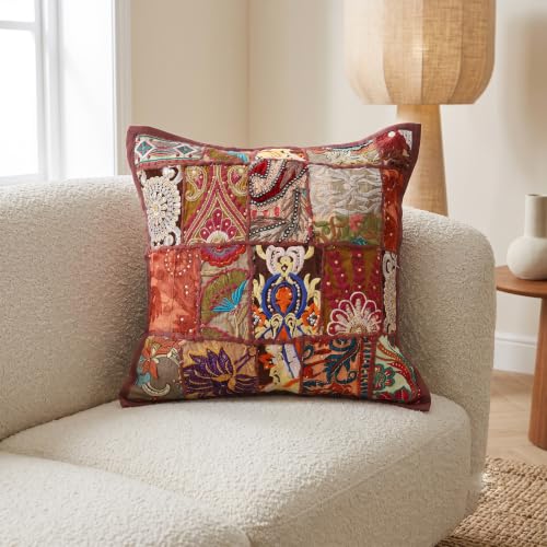 Image of Ravaiyaa - Attitude is everything Set of 5 Handmade Khambadiya Patchwork Cotton Cushion Cover 16X16 Inch | Decorative Cotton Throw Pillow Covers | Bohemian Vintage Embroidered Sofa Cushions