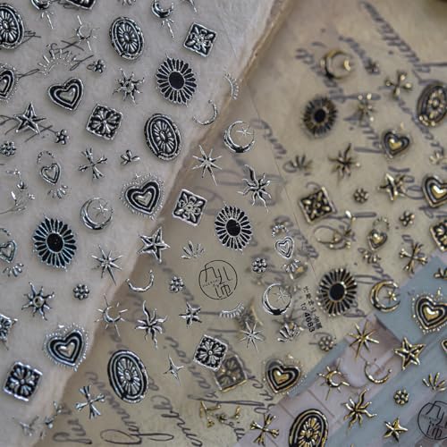 Image of Silver Nail Stickers Star Moon Nail Art Decals with Metal Design Figure Nail Art Stickers 5D Embossed Self Adhesive Nails Charms for Women Girls Kid Manicure DIY Supply Decoration
