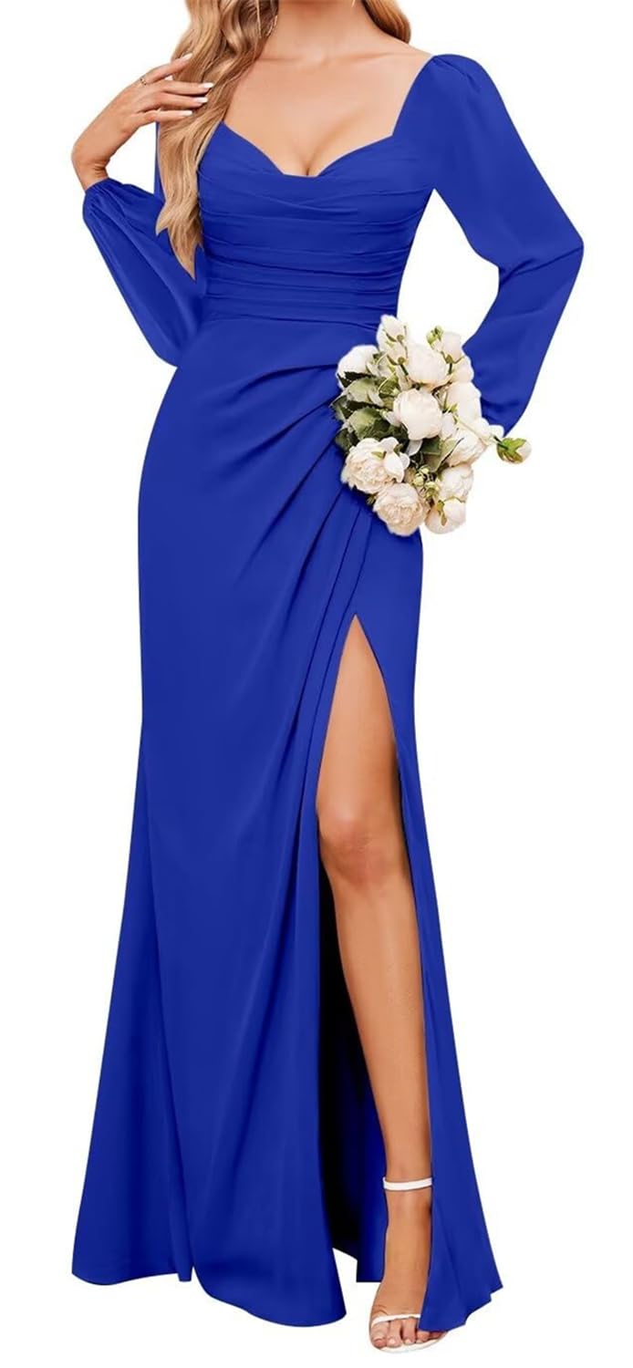 Kurface Women's Royal Blue Bridesmaid Dresses Long Sleeve For Wedding With Slit Formal Dress With Sleeves Prom Party Gown Uk12