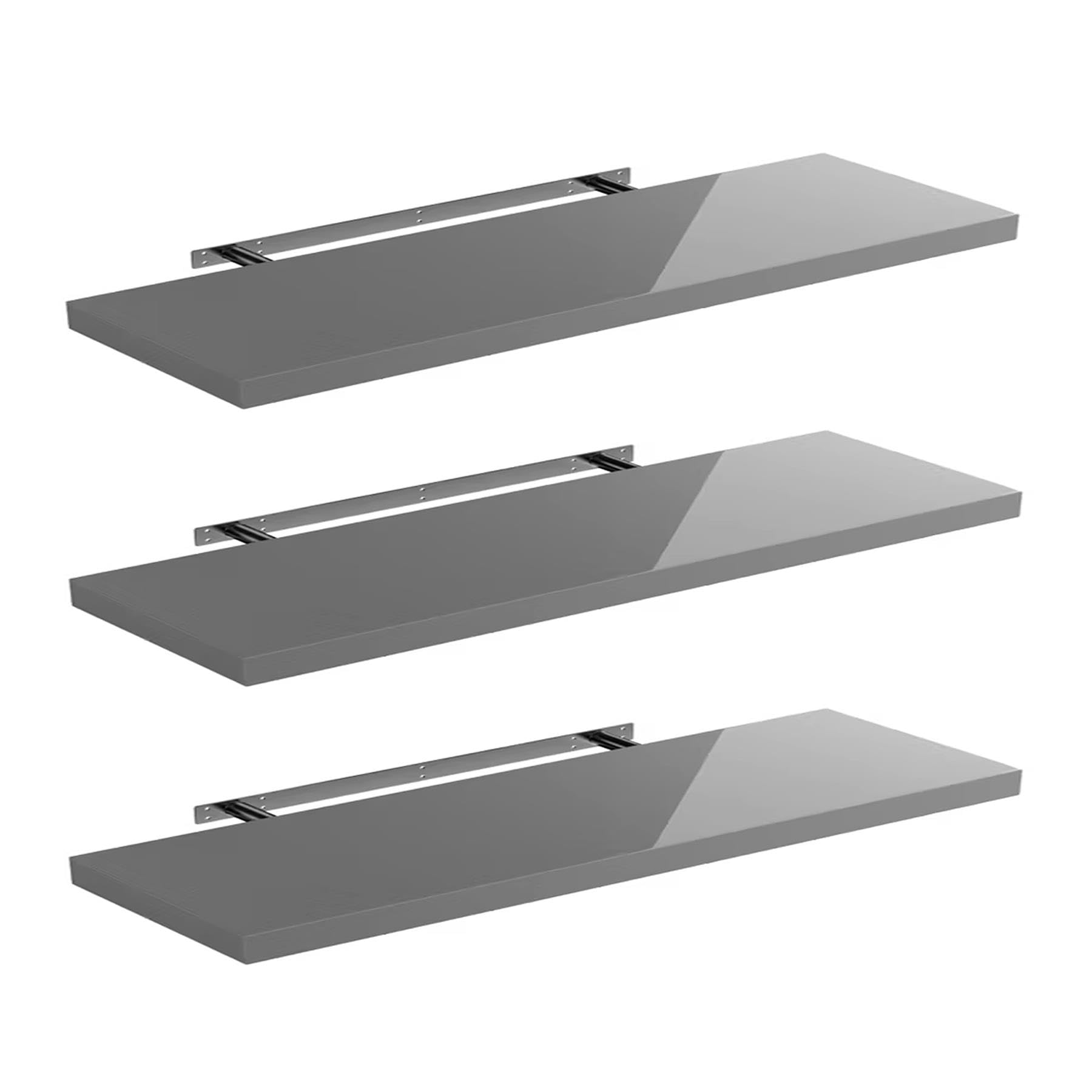 Shelfinity Set of 3 Grey Floating Shelves for Wall | 80cm High Gloss Modern Wall Shelves | For Bedroom Living Room Bathroom Kitchen Office | Floating Shelf Unit Ideal for Display & Storage