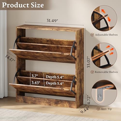 Image of BORNOON Shoe Cabinet with 2 Flip Drawers, Slim Narrow Shoe Storage Cabinet, Freestanding Shoe Organizer with Adjustable & Removable Shelves, Top Display Shelf for Entryway, Hallway, Foyer, Closet