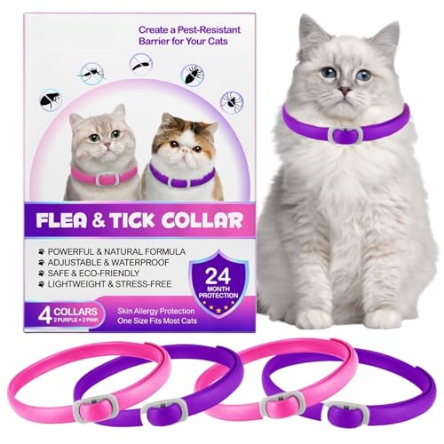 Collare Antiparassitario per Gatti, Collare Antipulci Gatto - 24 Mesi di Protezione Effettiva (4 Pezzi) (Viola + Rosa, 4 Pezzi)