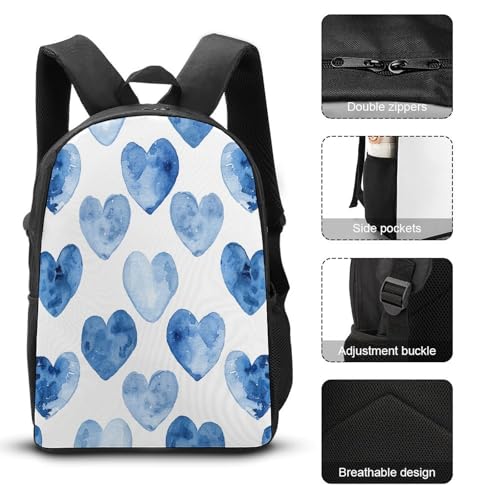 Hand Drawn Blue Heart 3pcs Lightweight Travel Backpack Printed Backpack With Lunch Pack Storage Box Case3