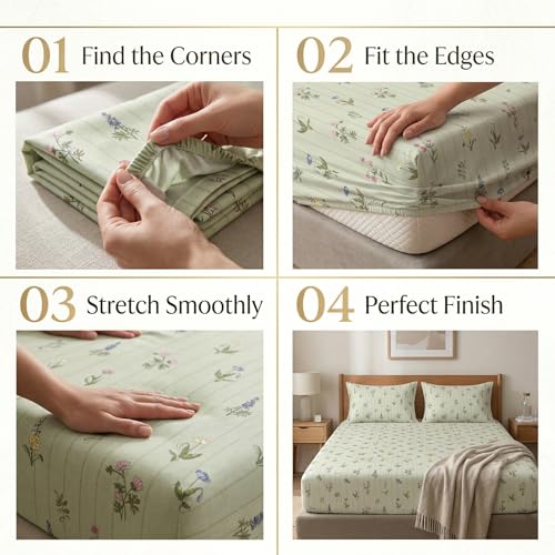 Image of VAS COLLECTIONS King Size Cotton Fitted Bedsheet (78 x 72 + 14 Inches) with Deep Pocket | 220 TC Soft Breathable Wrinkle Free Elastic Bed Sheet for King Mattress | (Olive)