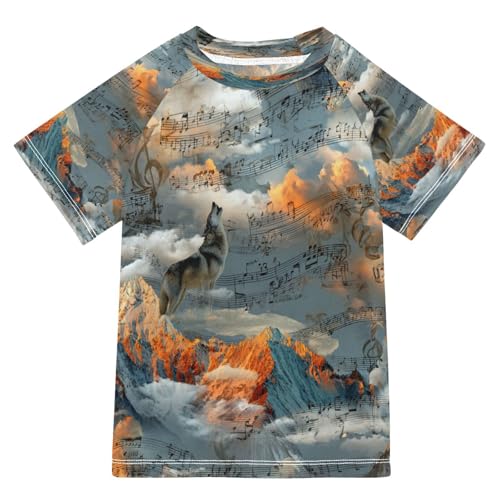 Boys Short Sleeve T-Shirts Wolf Music Note Rashguard Kids Swim Shirts Sun UPF 50+