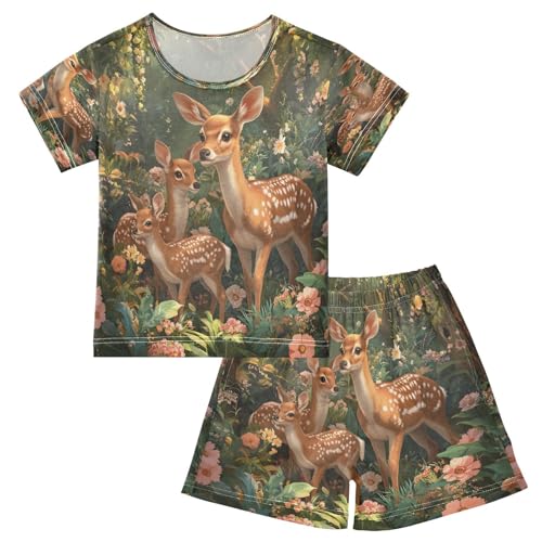 ALAZA Family Deer Blossom Floral Pajamas Set Short Sleeve Cotton Sleepwear Summer Pjs 2 Piece 5-14Y