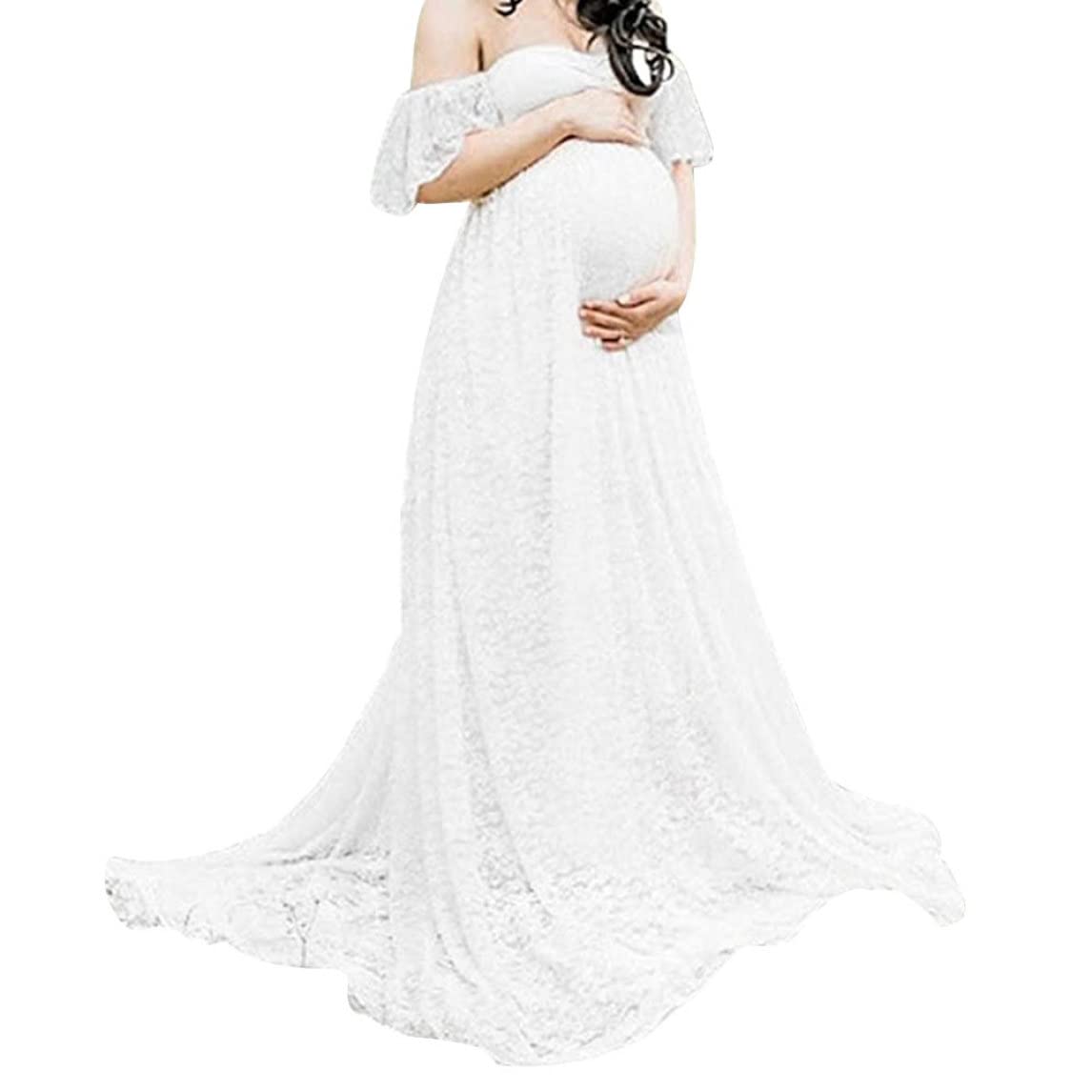 Robe de Photographie de maternité Fantaisie en Dentelle, Robe Grossesse Florale à épaules dénudées pour Femme Blanc 2XL
