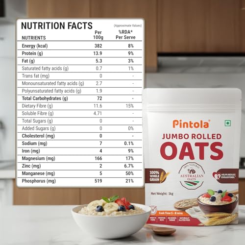 Image of Pintola Oats 1kg, Rolled Oats, Diet Food, Weight Management, Natural Whole Grain, High in Fibre & Protein, Jumbo Rolled, Breakfast Cereals, Gluten Free Oatmeal, Dalia Porridge