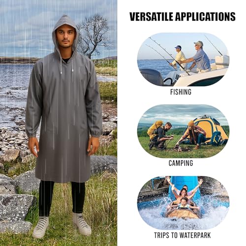 Image of HACER EVA Raincoat 110 GSM with Adjustable Hood Full Sleeves Universal Size Long Length Lightweight Waterproof Outdoor Rainwear for Camping Trekking Hiking Men & Women (Pack of 1, Grey)