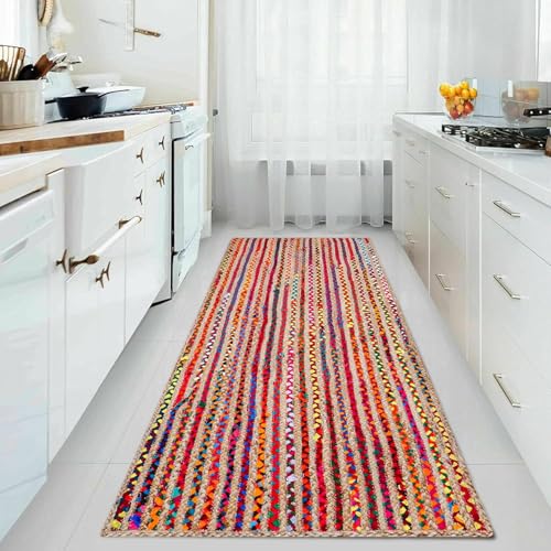 Image of Handmade Natural Jute Cotton Natural Fibers Floor /Door Mat Rugs Furnish Decor Striped Rectangular Design Carpet for Bedroom Living Room (JUTE001, 2x6-Runner)