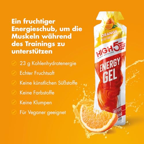 HIGH5 Energy Gels - Schnelle Energiezufuhr mit Sport Gel für Spitzenleistung - Mit natürlichem Fruchtsaft, koffeinfrei - Energie Gel für Laufen, Running, Marathon, Radsport, Ausdauer (Orange, 6 x 40g)