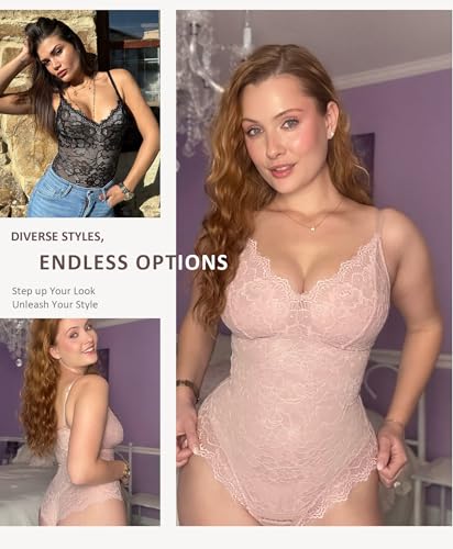 Image of FeelinGirl Shapewear Bodysuits for Women Lace Shapewear Tummy Control V-Neck Sleeveless Bodysuit Tops Jumpsuit