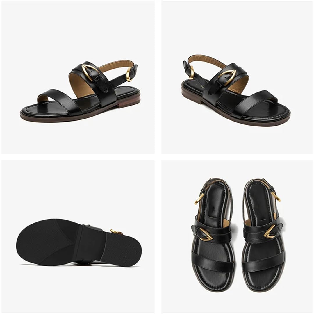 Sandalias de gladiador con hebilla y correa trasera para mujer, tacón redondo, lateral abierto, estilo gladiador, con hebilla de metal y correa trasera, sandalias de verano retro, Black, 38.5 EU