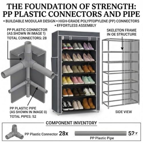 Image of EASY BUY Economy 6 Shelf Shoe Rack with Cover, Plastic Rack 6 Shelves with Zip Door Cover & Side Pocket | Dustproof Storage Organizer for Footwear, Clothes, Toy, Shoe Rack Plastic, Slipper Stand, Grey