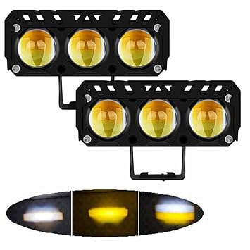 NIGHT LIFE Motorcycle Spotlight 60W 3 Lens LED Dual Color White Yellow Auxiliary Driving Light Waterproof Fog Lamp for Bike Car Truck Universal Pack of 2