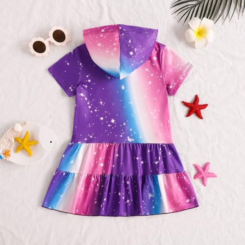 Image of Girls Swim Cover Up Kids Short Sleeve Swimsuit Coverups Terry Zip-Up Hoodies Beach Dress Ruffle Bathing Suit Wraps